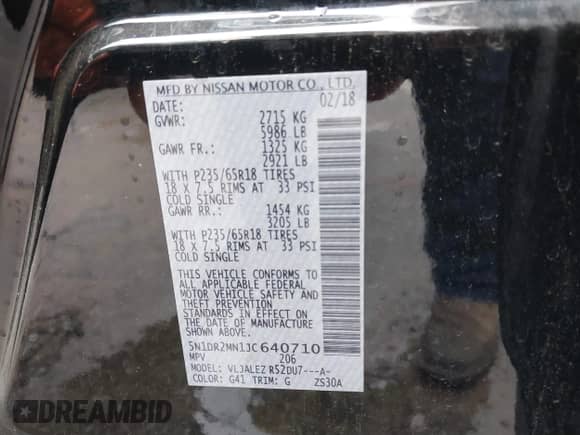 2018 Nissan Pathfinder S z VIN 5N1DR2MN1JC640710, wystawiony jako IAAI lot #41589166 z przebiegiem 93 554 mil mil oraz . Historia ofert i sprzedaży dostępna na DreamBid. Obrazek 9.