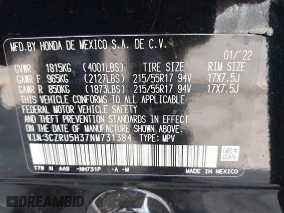 2022 Honda HR-V LX с VIN 3CZRU5H37NM731384, выставлен на аукционе IAAI как лот 43273932 с пробегом 57 070 миль миль и . История ставок и продаж доступна на DreamBid. Изображение 9.