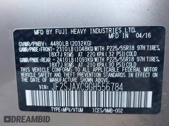 2016 Subaru Forester Touring with VIN JF2SJAXC9GH556784, listed as a IAAI auction lot 43378533 with 72,771 mi miles and . Bid and sale history available at DreamBid. Image 9.