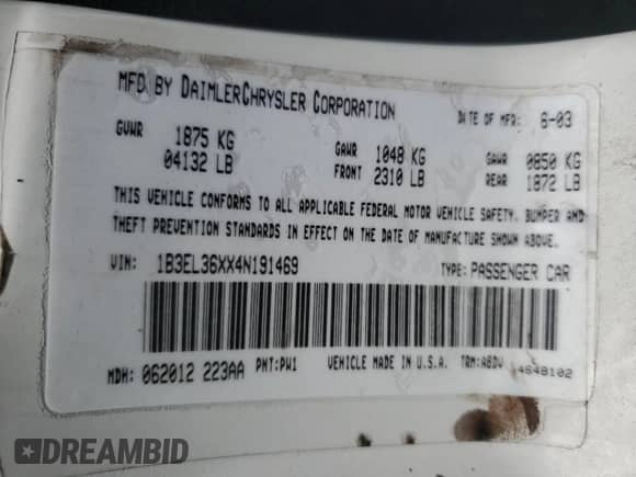 2004 Dodge Stratus SE с VIN 1B3EL36XX4N191469, выставлен на аукционе Copart как лот 73231934 с пробегом 111 322 миль миль и Списание • Salvage title. История ставок и продаж доступна на DreamBid. Изображение 12.