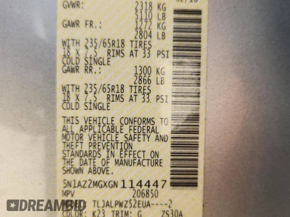 2016 Nissan Murano S with VIN 5N1AZ2MGXGN114447, listed as a Copart auction lot 86112215 with 61,163 mi miles and Salvage title. Bid and sale history available at DreamBid. Image 14.