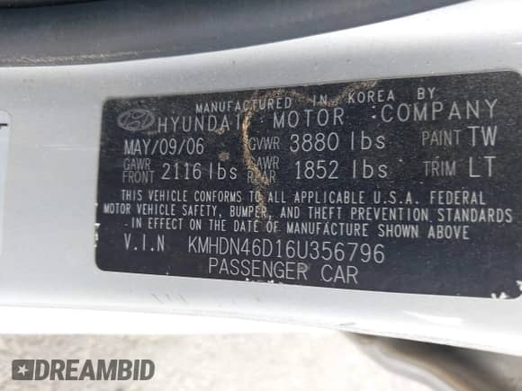 2006 Hyundai Elantra GLS with VIN KMHDN46D16U356796, listed as a IAAI auction lot 43056126 with 145,225 mi miles and . Bid and sale history available at DreamBid. Image 9.