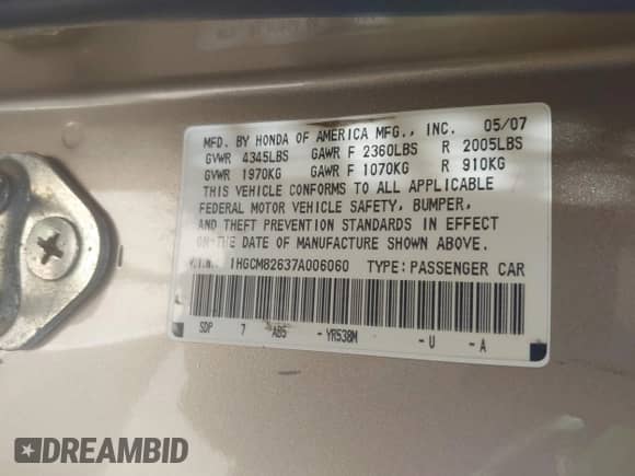 2007 Honda Accord EX-L with VIN 1HGCM82637A006060, listed as a IAAI auction lot 42885549 with 124,403 mi miles and . Bid and sale history available at DreamBid. Image 9.