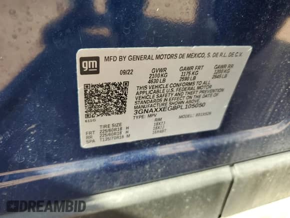 2023 Chevrolet Equinox Premier с VIN 3GNAXXEG8PL105050, выставлен на аукционе Copart как лот 80493685 с пробегом 44 358 миль миль и Списание • Salvage title. История ставок и продаж доступна на DreamBid. Изображение 13.