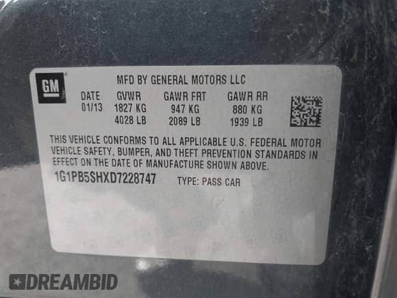 2013 Chevrolet Cruze LS with VIN 1G1PB5SHXD7228747, listed as a IAAI auction lot 41895930 with 100,405 mi miles and . Bid and sale history available at DreamBid. Image 9.