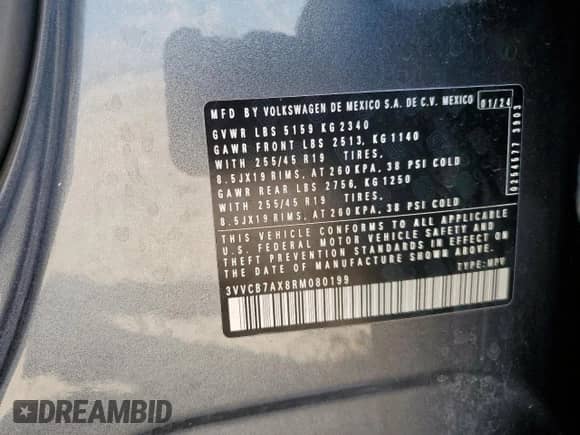 2024 Volkswagen Tiguan SE R-Line Black с VIN 3VVCB7AX8RM080199, выставлен на аукционе Copart как лот 80884675 с пробегом 47 960 миль миль и Списание • Salvage title. История ставок и продаж доступна на DreamBid. Изображение 13.