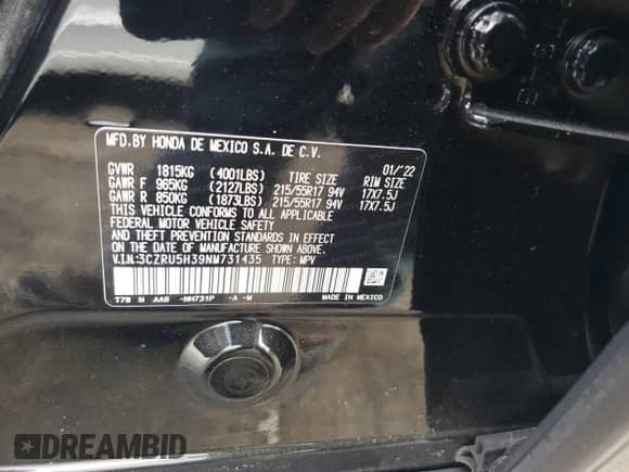 2022 Honda HR-V LX с VIN 3CZRU5H39NM731435, выставлен на аукционе Copart как лот 50985395 с пробегом 11 164 миль миль и Списание • Salvage title. История ставок и продаж доступна на DreamBid. Изображение 12.