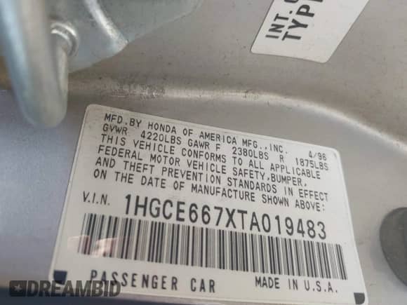 1996 Honda Accord EX z VIN 1HGCE667XTA019483, wystawiony jako IAAI lot #39625724 z przebiegiem 211 631 mil mil oraz . Historia ofert i sprzedaży dostępna na DreamBid. Obrazek 9.