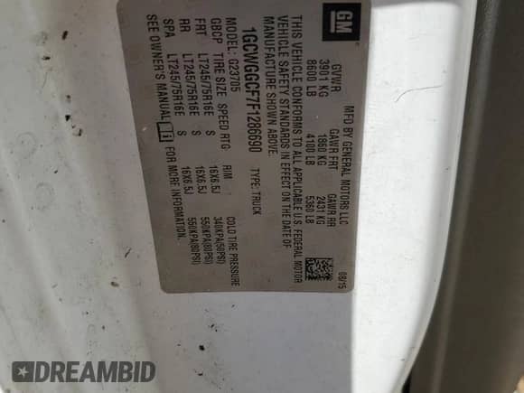 2015 Chevrolet Express Cargo with VIN 1GCWGGCF7F1286690, listed as a Copart auction lot 76861184 with 189,725 mi miles and Salvage title. Bid and sale history available at DreamBid. Image 12.