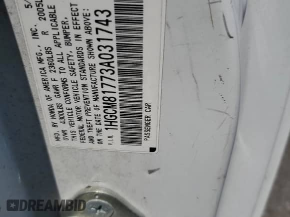 2003 Honda Accord EX-L with VIN 1HGCM81773A031743, listed as a Copart auction lot 62202535 with 152,283 mi miles and Clean title. Bid and sale history available at DreamBid. Image 12.