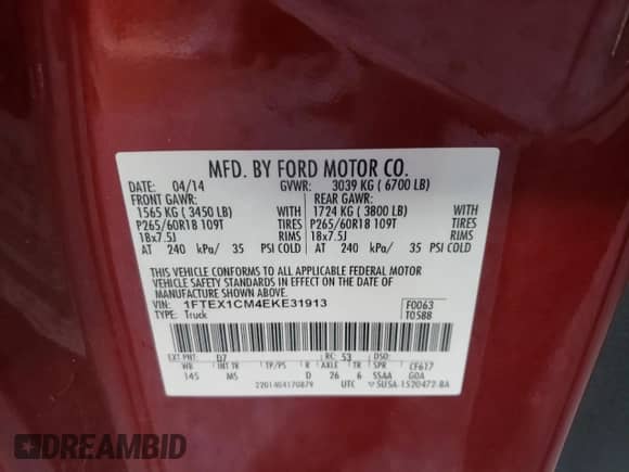 2014 Ford F-150 XLT with VIN 1FTEX1CM4EKE31913, listed as a Copart auction lot 84577555 with Not provided miles and Clean title. Bid and sale history available at DreamBid. Image 13.