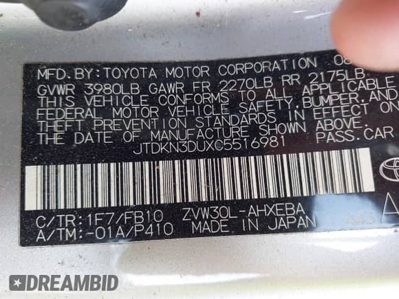 2012 Toyota Prius One with VIN JTDKN3DUXC5516981, listed as a IAAI auction lot 42992676 with 479,817 mi miles and . Bid and sale history available at DreamBid. Image 9.