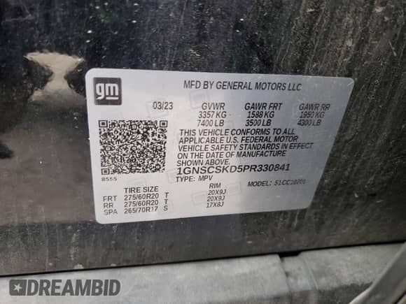 2023 Chevrolet Tahoe Premier with VIN 1GNSCSKD5PR330841, listed as a Copart auction lot 51292555 with 47,798 mi miles and Clean title. Bid and sale history available at DreamBid. Image 13.