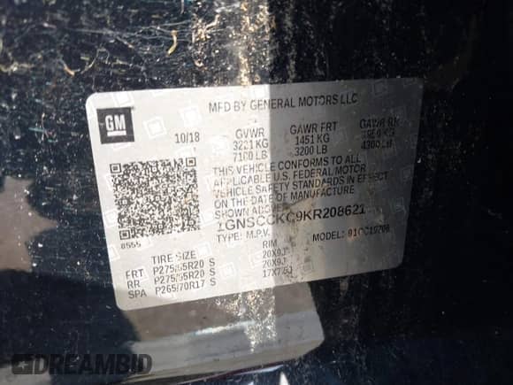 2019 Chevrolet Tahoe Premier с VIN 1GNSCCKC9KR208621, выставлен на аукционе IAAI как лот 42227024 с пробегом 88 645 миль миль и . История ставок и продаж доступна на DreamBid. Изображение 9.