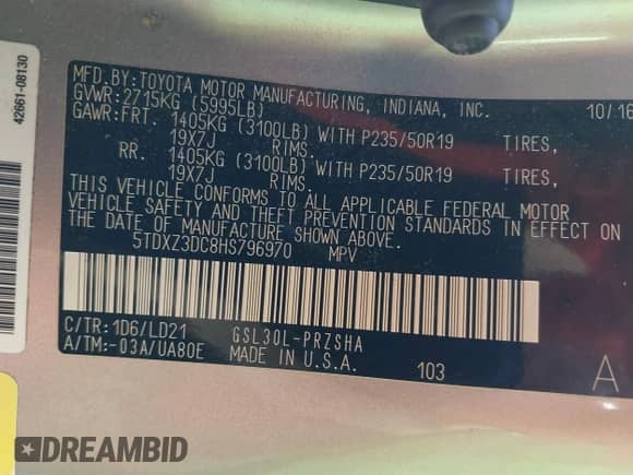 2017 Toyota Sienna SE with VIN 5TDXZ3DC8HS796970, listed as a IAAI auction lot 42272964 with 114,237 mi miles and . Bid and sale history available at DreamBid. Image 9.