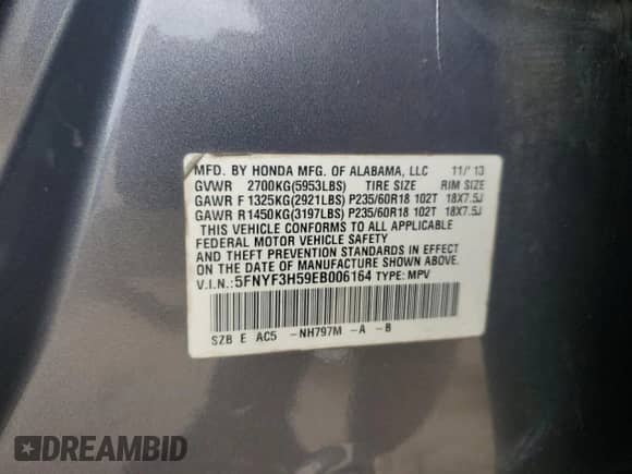 2014 Honda Pilot EX-L with VIN 5FNYF3H59EB006164, listed as a Copart auction lot 72018715 with 159,253 mi miles and Salvage title. Bid and sale history available at DreamBid. Image 12.