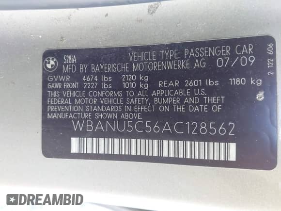 2010 BMW 5 Series 528i with VIN WBANU5C56AC128562, listed as a IAAI auction lot 43540774 with Not provided miles and . Bid and sale history available at DreamBid. Image 9.