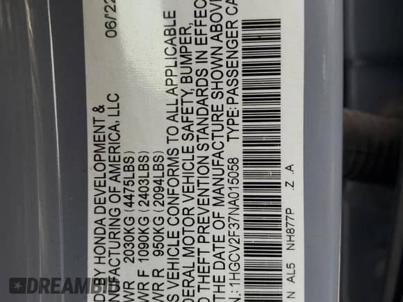 2022 Honda Accord Sport z VIN 1HGCV2F37NA015058, wystawiony jako Copart lot #70943565 z przebiegiem 41 432 mil mil oraz Szkoda całkowita • Salvage title. Historia ofert i sprzedaży dostępna na DreamBid. Obrazek 13.