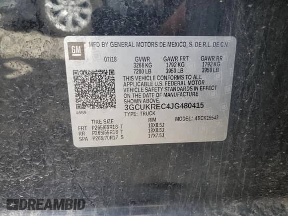 2018 Chevrolet Silverado 1500 LT z VIN 3GCUKREC4JG480415, wystawiony jako Copart lot #50585445 z przebiegiem 87 644 mil mil oraz Szkoda całkowita • Salvage title. Historia ofert i sprzedaży dostępna na DreamBid. Obrazek 12.