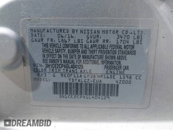 2016 Nissan Note S with VIN 3N1CE2CP4GL404129, listed as a IAAI auction lot 41771214 with 85,750 mi miles and . Bid and sale history available at DreamBid. Image 9.