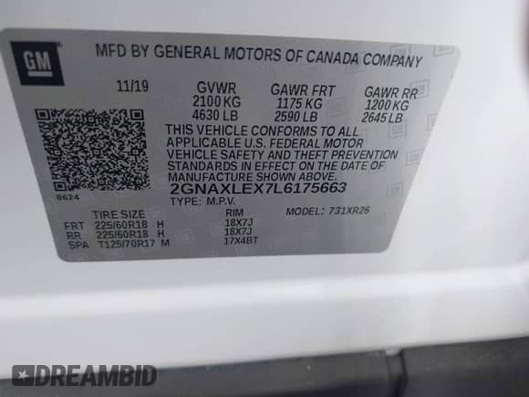 2020 Chevrolet Equinox LT с VIN 2GNAXLEX7L6175663, выставлен на аукционе IAAI как лот 42747156 с пробегом 60 998 миль миль и . История ставок и продаж доступна на DreamBid. Изображение 9.