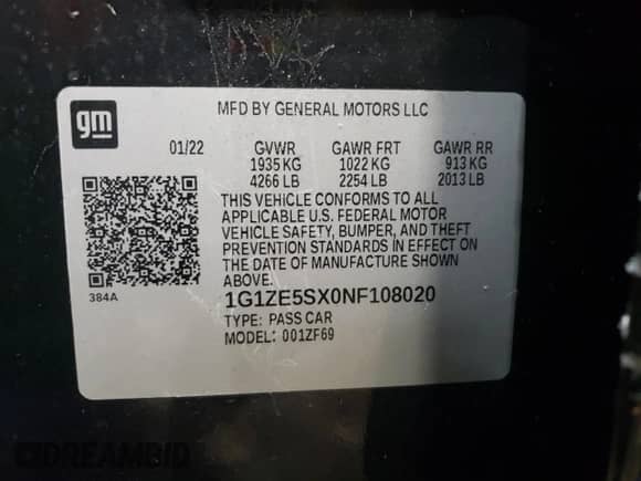 2022 Chevrolet Malibu Premier с VIN 1G1ZE5SX0NF108020, выставлен на аукционе Copart как лот 88244255 с пробегом 42 005 миль миль и Списание • Salvage title. История ставок и продаж доступна на DreamBid. Изображение 15.