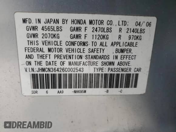 2006 Honda Accord z VIN JHMCN36426C002543, wystawiony jako Copart lot #45312945 z przebiegiem 188 589 mil mil oraz Szkoda całkowita • Salvage title. Historia ofert i sprzedaży dostępna na DreamBid. Obrazek 14.