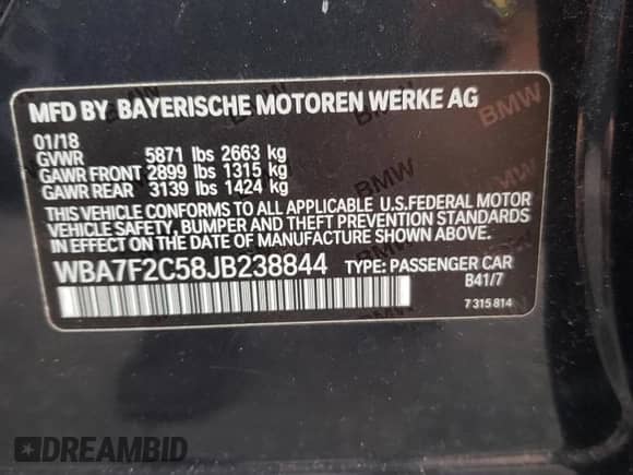 2018 BMW 7 Series ALPINA B7 xDrive with VIN WBA7F2C58JB238844, listed as a Copart auction lot 64817985 with 60,744 mi miles and Salvage title. Bid and sale history available at DreamBid. Image 13.