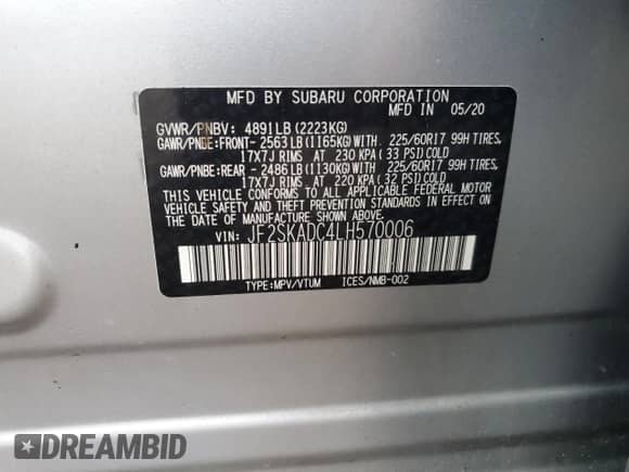 2020 Subaru Forester z VIN JF2SKADC4LH570006, wystawiony jako Copart lot #82408695 z przebiegiem 41 394 mil mil oraz Szkoda całkowita • Salvage title. Historia ofert i sprzedaży dostępna na DreamBid. Obrazek 13.