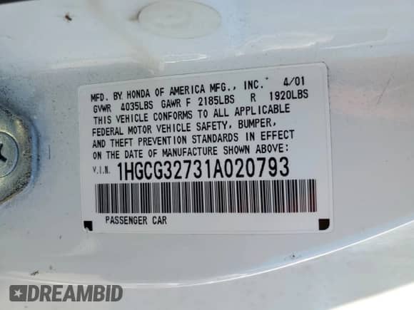 2001 Honda Accord EX with VIN 1HGCG32731A020793, listed as a Copart auction lot 68882174 with Not provided miles and Salvage title. Bid and sale history available at DreamBid. Image 13.