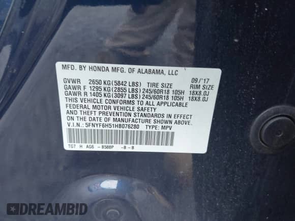 2017 Honda Pilot EX-L z VIN 5FNYF6H51HB076280, wystawiony jako IAAI lot #42992039 z przebiegiem 125 804 mil mil oraz . Historia ofert i sprzedaży dostępna na DreamBid. Obrazek 9.