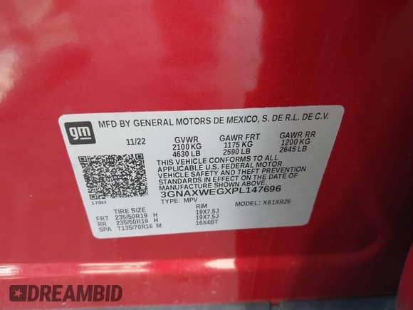 2023 Chevrolet Equinox RS with VIN 3GNAXWEGXPL147696, listed as a IAAI auction lot 42606910 with 35,492 mi miles and . Bid and sale history available at DreamBid. Image 9.