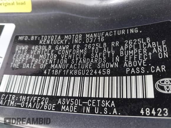 2016 Toyota Camry XLE with VIN 4T1BF1FK8GU224458, listed as a IAAI auction lot 42971060 with 174,980 mi miles and . Bid and sale history available at DreamBid. Image 9.