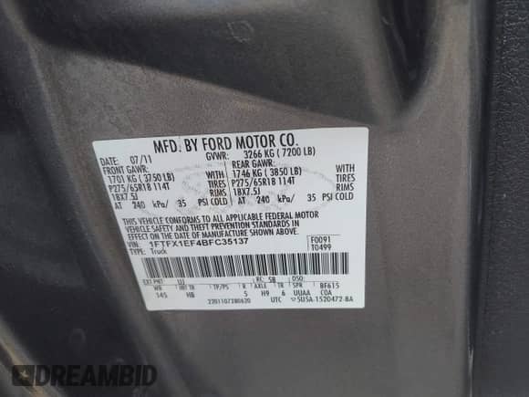 2011 Ford F-150 XL with VIN 1FTFX1EF4BFC35137, listed as a IAAI auction lot 42464458 with 86,712 mi miles and . Bid and sale history available at DreamBid. Image 9.