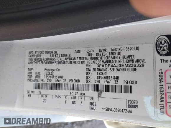 2014 Ford Fiesta S with VIN 3FADP4AJ0EM236329, listed as a IAAI auction lot 43391149 with Not provided miles and . Bid and sale history available at DreamBid. Image 9.