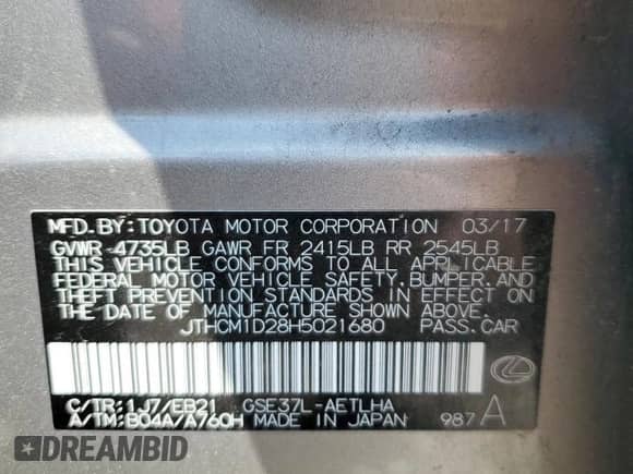 2017 Lexus IS 300 with VIN JTHCM1D28H5021680, listed as a Copart auction lot 80561345 with 79,601 mi miles and Salvage title. Bid and sale history available at DreamBid. Image 12.