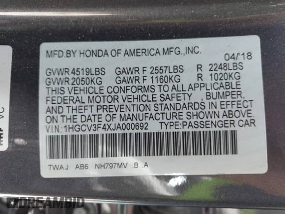 2018 Honda Accord EX z VIN 1HGCV3F4XJA000692, wystawiony jako IAAI lot #42601528 z przebiegiem 99 473 mil mil oraz . Historia ofert i sprzedaży dostępna na DreamBid. Obrazek 9.