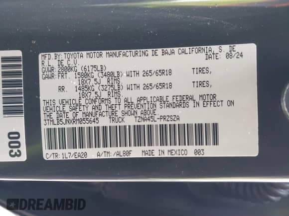 2024 Toyota Tacoma SR5 with VIN 3TMLB5JNXRM055645, listed as a IAAI auction lot 41208771 with 984 mi miles and . Bid and sale history available at DreamBid. Image 9.