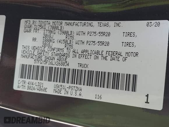 2020 Toyota Tundra Platinum с VIN 5TFGY5F16LX268034, выставлен на аукционе IAAI как лот 41204808 с пробегом 80 218 миль миль и . История ставок и продаж доступна на DreamBid. Изображение 9.