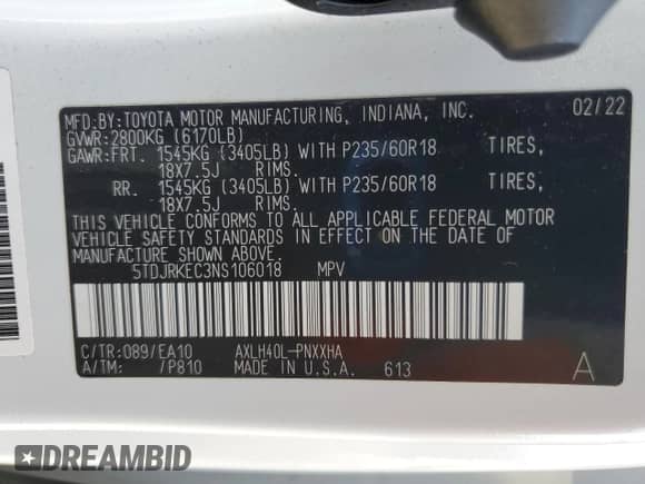 2022 Toyota Sienna XLE z VIN 5TDJRKEC3NS106018, wystawiony jako Copart lot #84283895 z przebiegiem 51 319 mil mil oraz Szkoda całkowita • Salvage title. Historia ofert i sprzedaży dostępna na DreamBid. Obrazek 14.