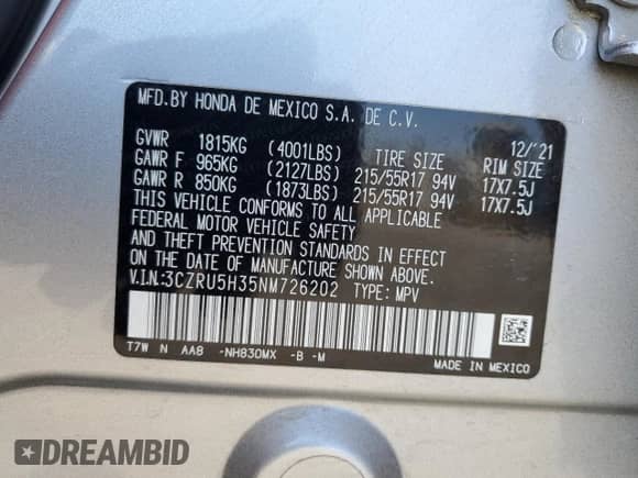2022 Honda HR-V LX with VIN 3CZRU5H35NM726202, listed as a Copart auction lot 67477935 with 26,724 mi miles and Salvage title. Bid and sale history available at DreamBid. Image 14.