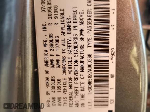 2007 Honda Accord EX-L with VIN 1HGCM658X7A000368, listed as a Copart auction lot 80089854 with 241,711 mi miles and Salvage title. Bid and sale history available at DreamBid. Image 12.