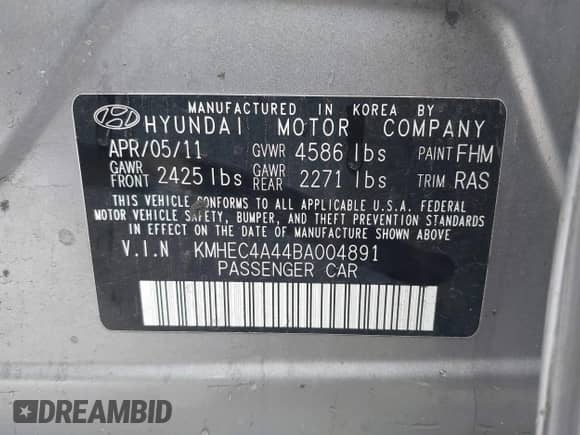 2011 Hyundai Sonata Hybrid with VIN KMHEC4A44BA004891, listed as a IAAI auction lot 42879359 with 113,962 mi miles and . Bid and sale history available at DreamBid. Image 9.