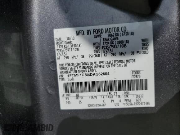 2013 Ford F-150 XL with VIN 1FTMF1CM4DKG52604, listed as a Copart auction lot 81837855 with 218,592 mi miles and Salvage title. Bid and sale history available at DreamBid. Image 12.