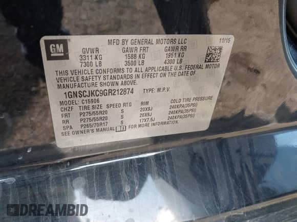 2016 Chevrolet Suburban LTZ с VIN 1GNSCJKC9GR212874, выставлен на аукционе IAAI как лот 41125926 с пробегом 82 714 миль миль и . История ставок и продаж доступна на DreamBid. Изображение 9.