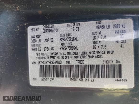 1994 Dodge 1500 z VIN 1B7HC16Y2RS544613, wystawiony jako IAAI lot #43242615 z przebiegiem 194 818 mil mil oraz . Historia ofert i sprzedaży dostępna na DreamBid. Obrazek 9.