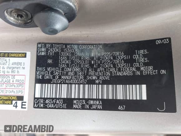 2004 Toyota Highlander with VIN JTEGP21A640003452, listed as a IAAI auction lot 43380873 with 95,939 mi miles and . Bid and sale history available at DreamBid. Image 9.