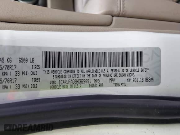 2017 Jeep Grand Cherokee Altitude with VIN 1C4RJFAG0HC620781, listed as a IAAI auction lot 41704594 with 134,651 mi miles and . Bid and sale history available at DreamBid. Image 9.
