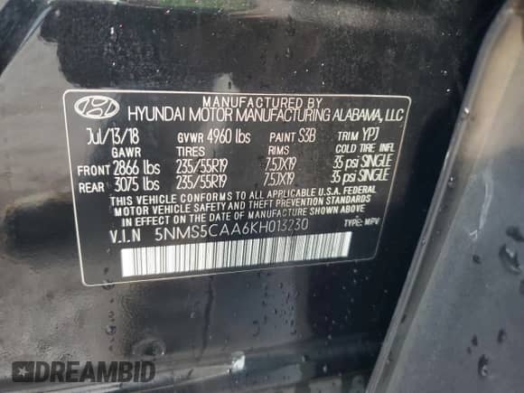 2019 Hyundai Santa Fe Ultimate with VIN 5NMS5CAA6KH013230, listed as a Copart auction lot 67725785 with 75,283 mi miles and Salvage title. Bid and sale history available at DreamBid. Image 13.