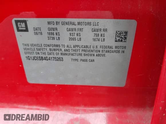 2016 Chevrolet Sonic LT with VIN 1G1JC6SB4G4175263, listed as a IAAI auction lot 42585844 with 100,109 mi miles and . Bid and sale history available at DreamBid. Image 9.